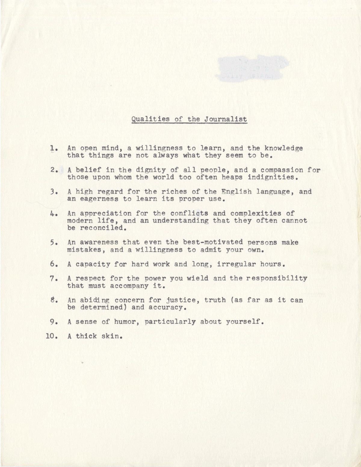 Sally Kalson developed her own curriculum materials, including this list, for the journalism class she taught at Chatham University.