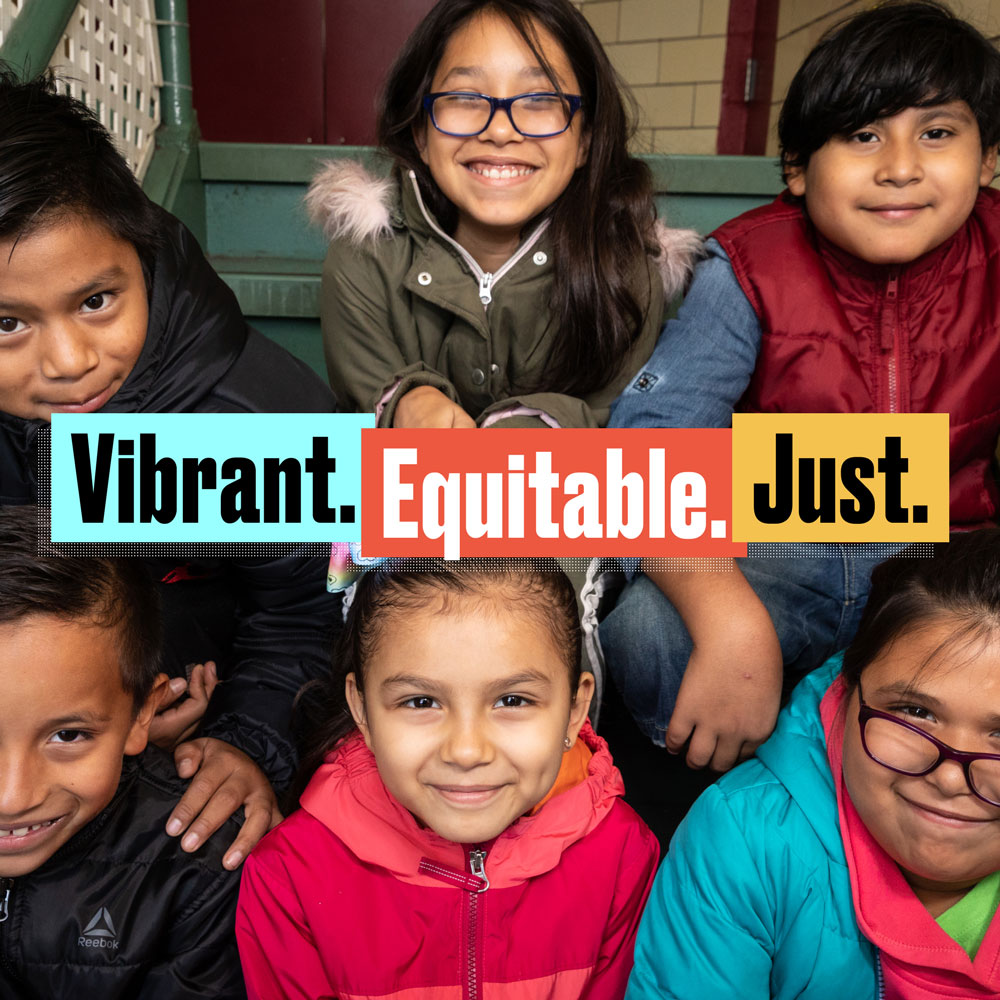 Report to the Community 2022-23 cover image of six smiling children with report title overlayed on the image.