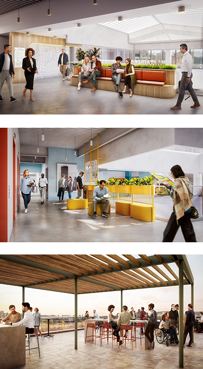 Inside and outside office renderings of new office space at 912 Fort Duquesne Blvd.